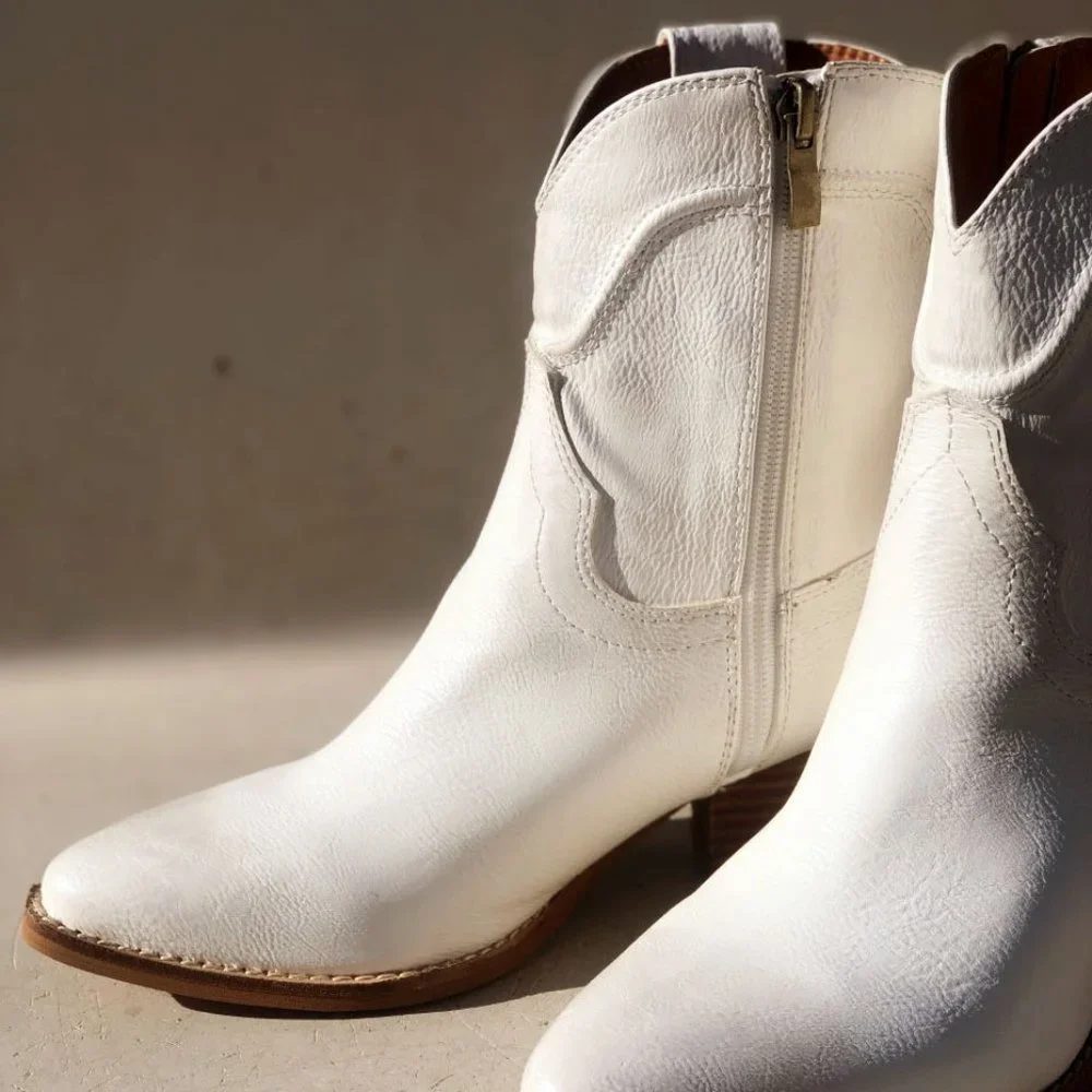 NEW Distressed Pointy Toe Stack Block Heel Western Ankle Booties Boots Off White - Picture 4 of 11